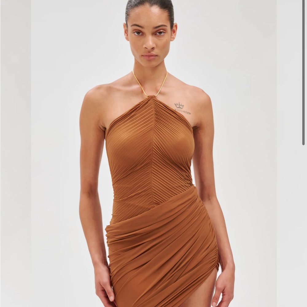 Ronny Kobo Collection Brown Ruched Halter Bodycon Dress
